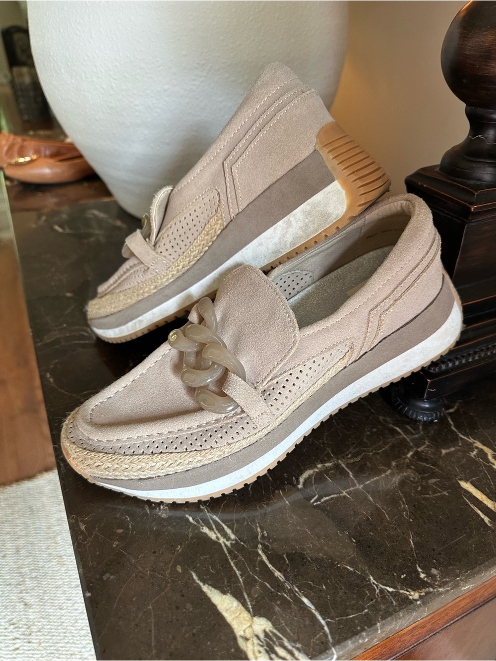 Dolce Vita Beige Suede Slip-On Loafer with Chain Detail